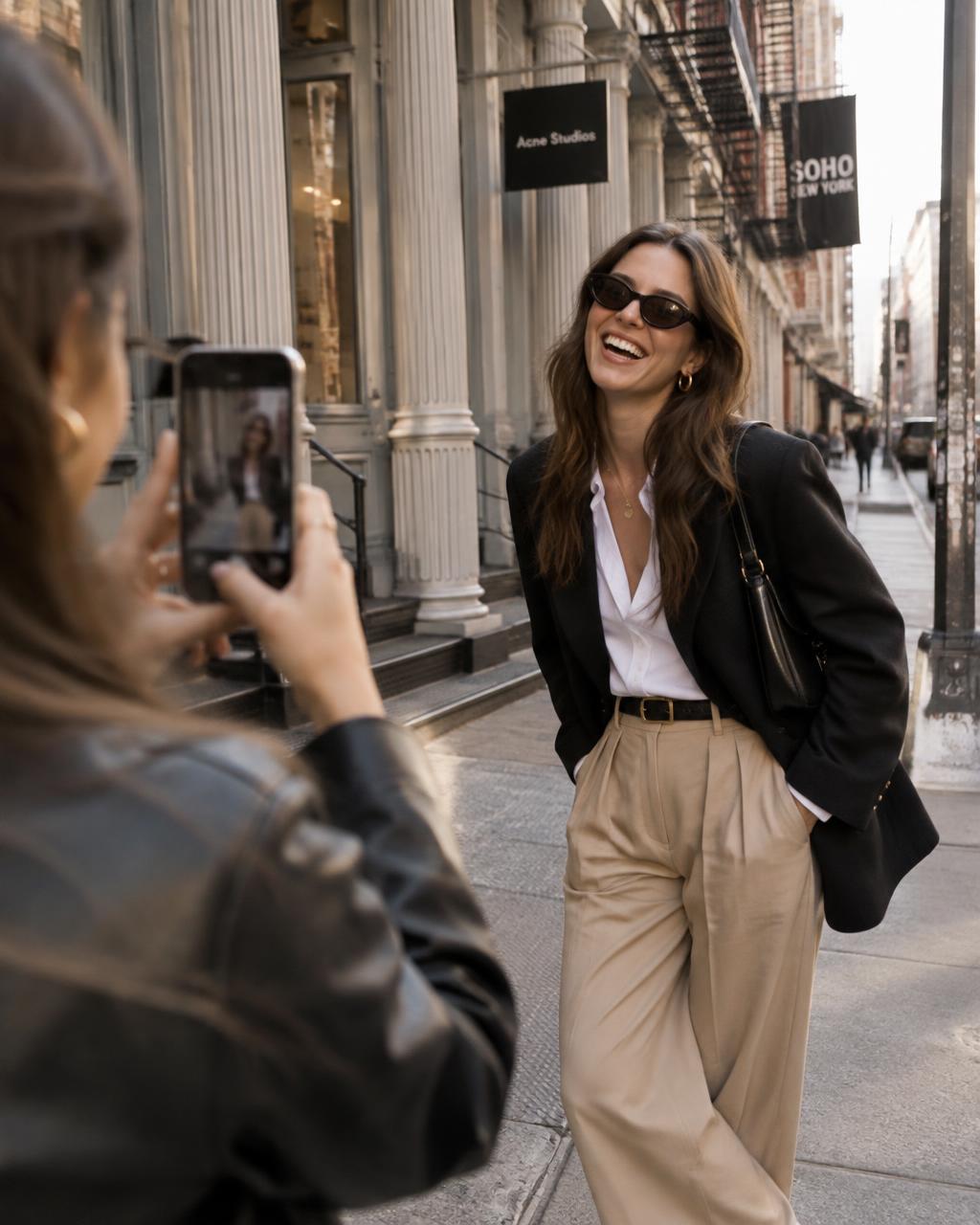 A content buddy taking iPhone photos of a woman on a SoHo street